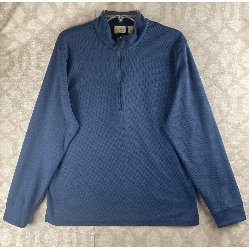 L.L.Bean Quarter-Zip Pullover Mens Medium Blue Waffle Knit Texture Long Sleeve